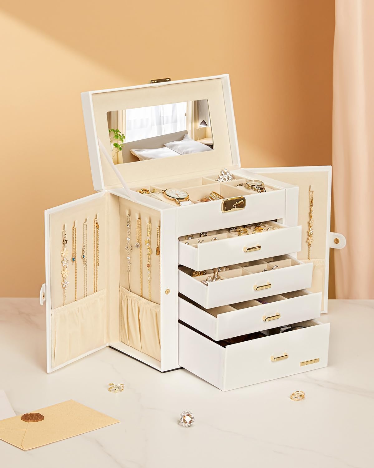 Large Wooden Storage Box with Five Drawers