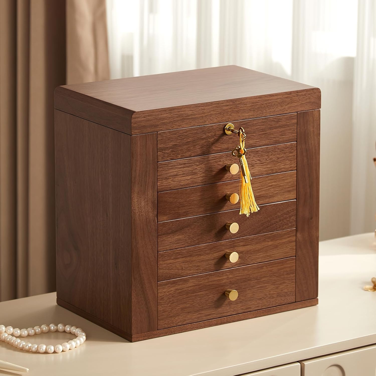 Walnut Finish Wooden Storage Box with Mirror