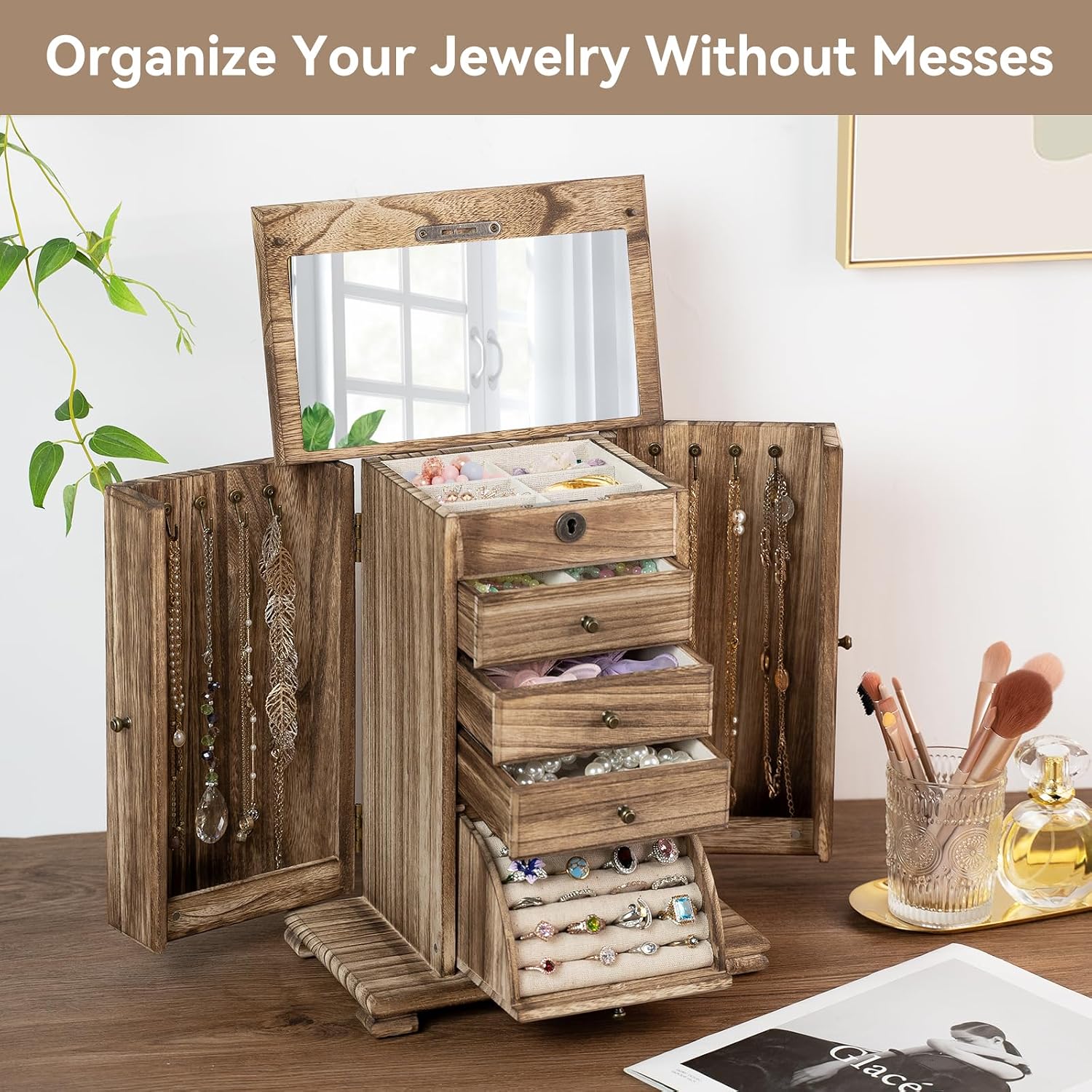 Wooden Jewellery Box with Mirror
